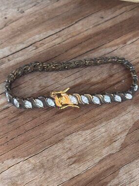 DBJ Bracelet Womens 7” 925 Sterling Silver Gold Vermeil Marquise CZ Tennis 15.7g